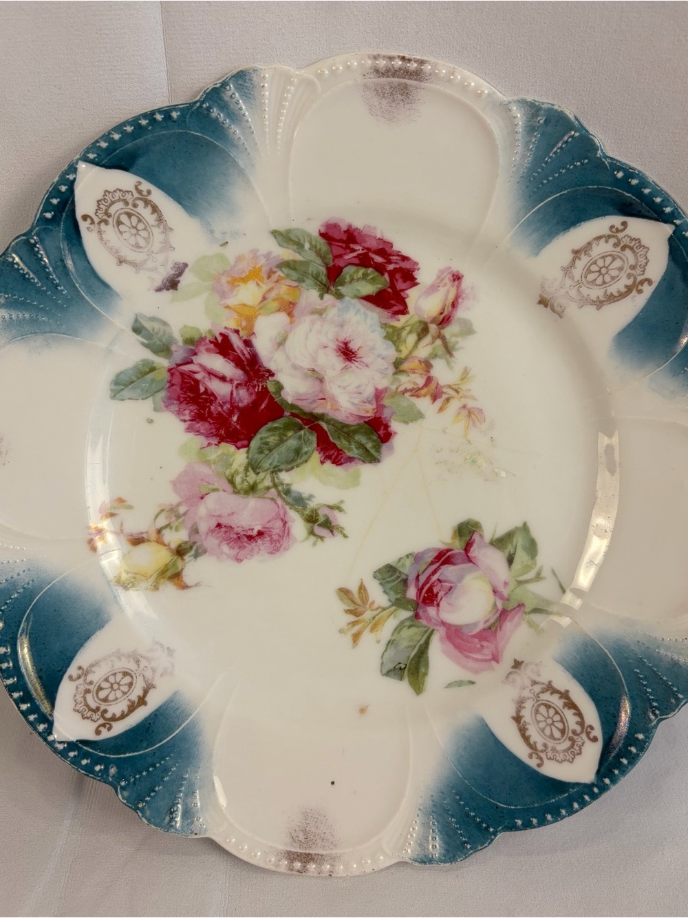 8” Porcelain Rose Plate Teal Blue Gold Scalloped Beaded Rim